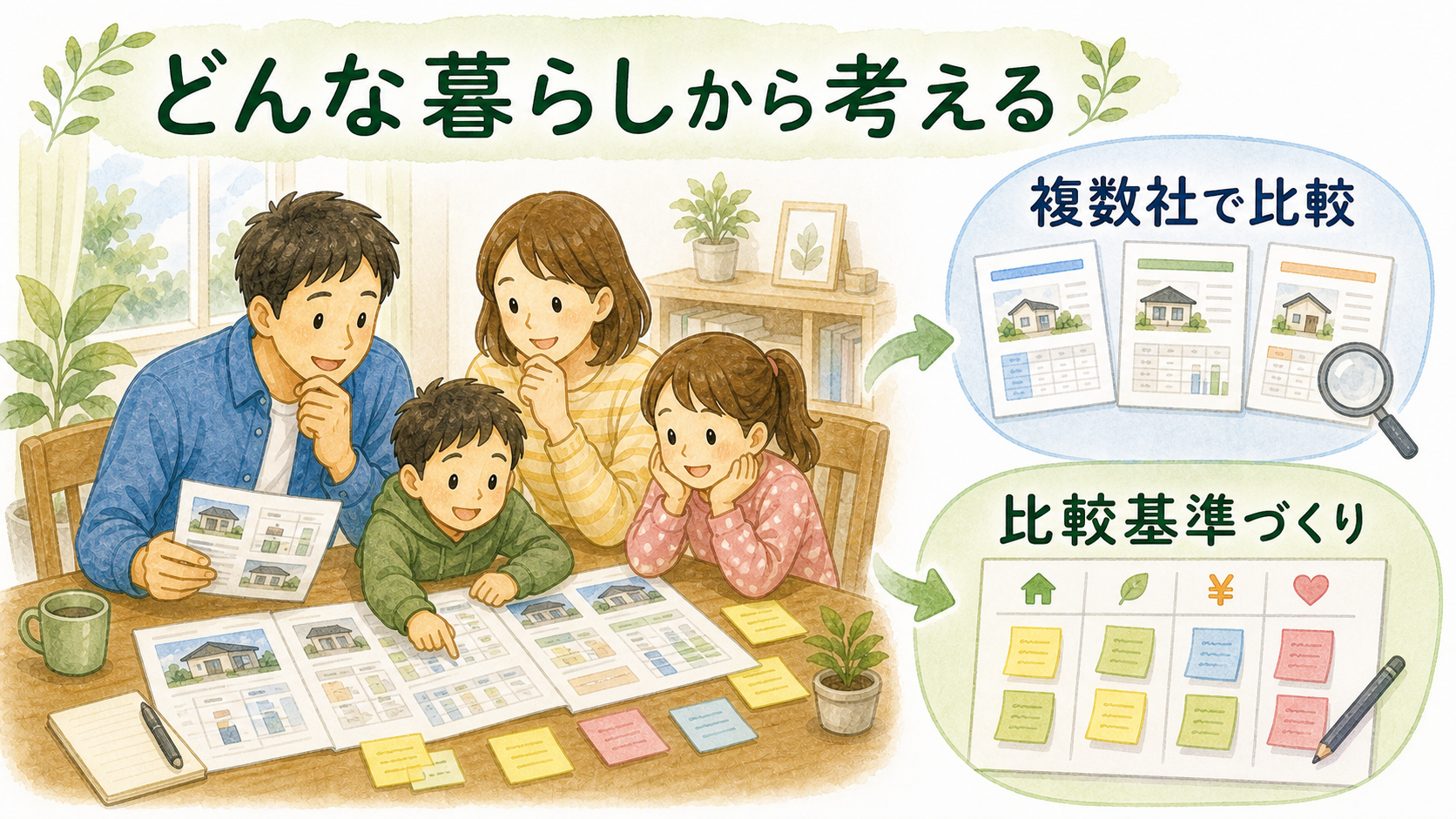 T様メッセージ「どんな暮らしから考える/複数社で比較/比較基準づくり」ゆるイラスト