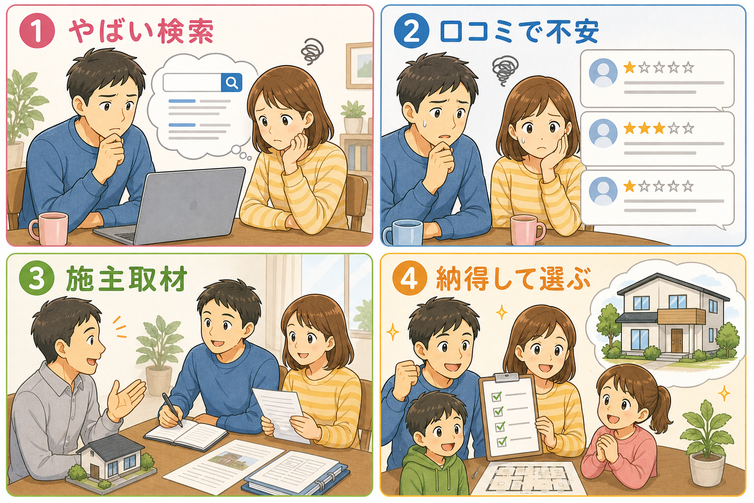 やばい検索→不安→施主取材→納得の4コマ