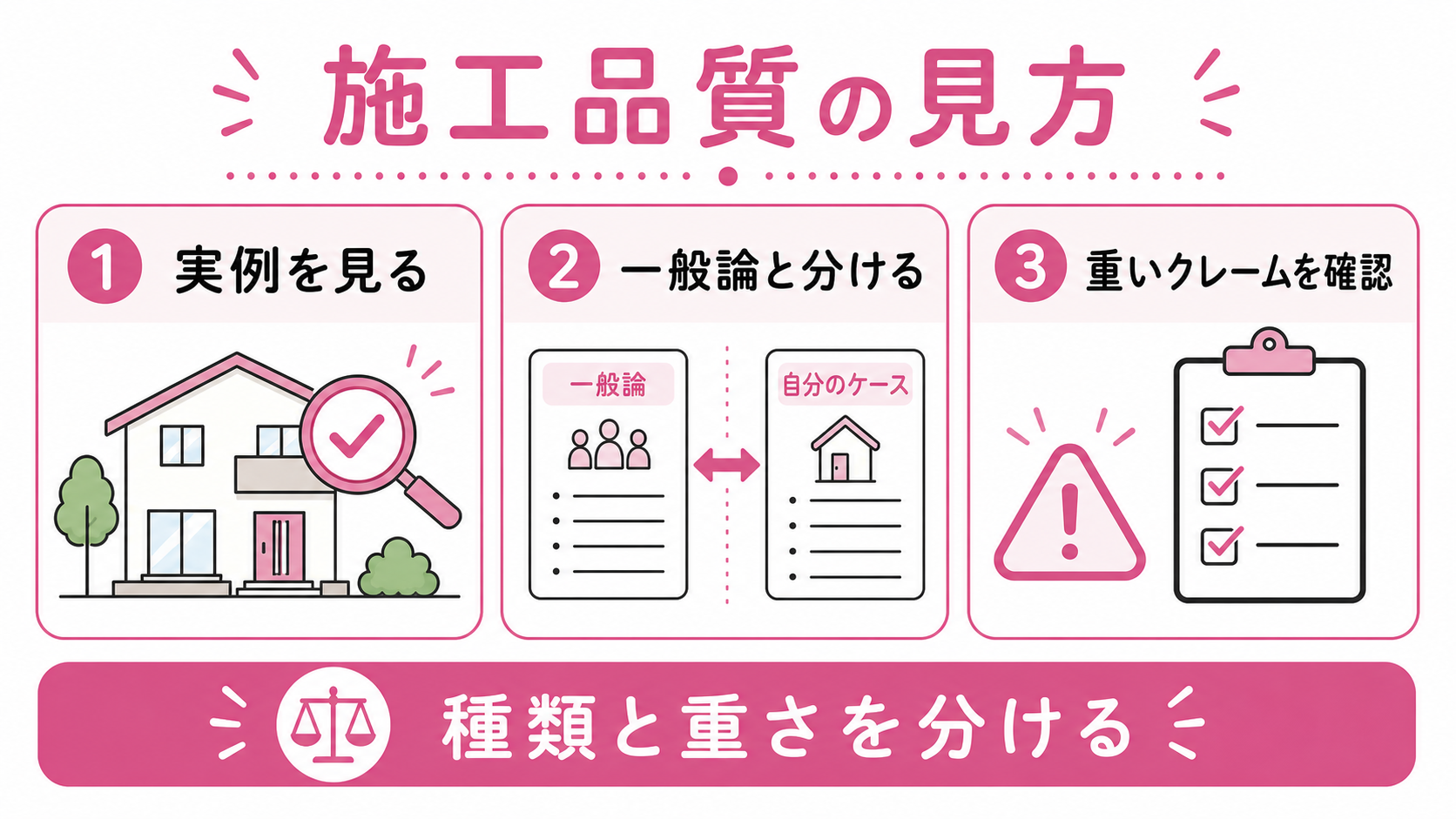 施工品質の実態(実例 vs 一般論/クレーム種類と重さ区別)ゆる図解