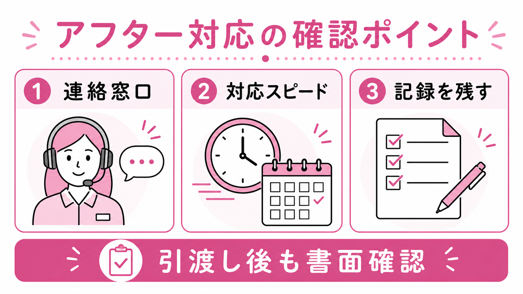 連絡対応のばらつき/引渡し後アフター実態 2場面ゆる図解