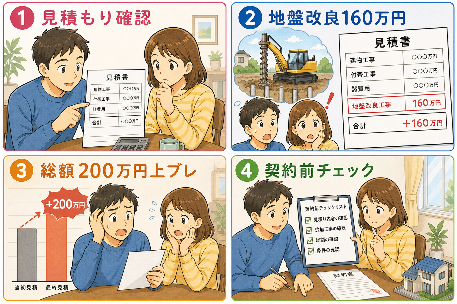 見積もり膨らみ4コマ(地盤改良160万円/総額200万円以上上ブレ)