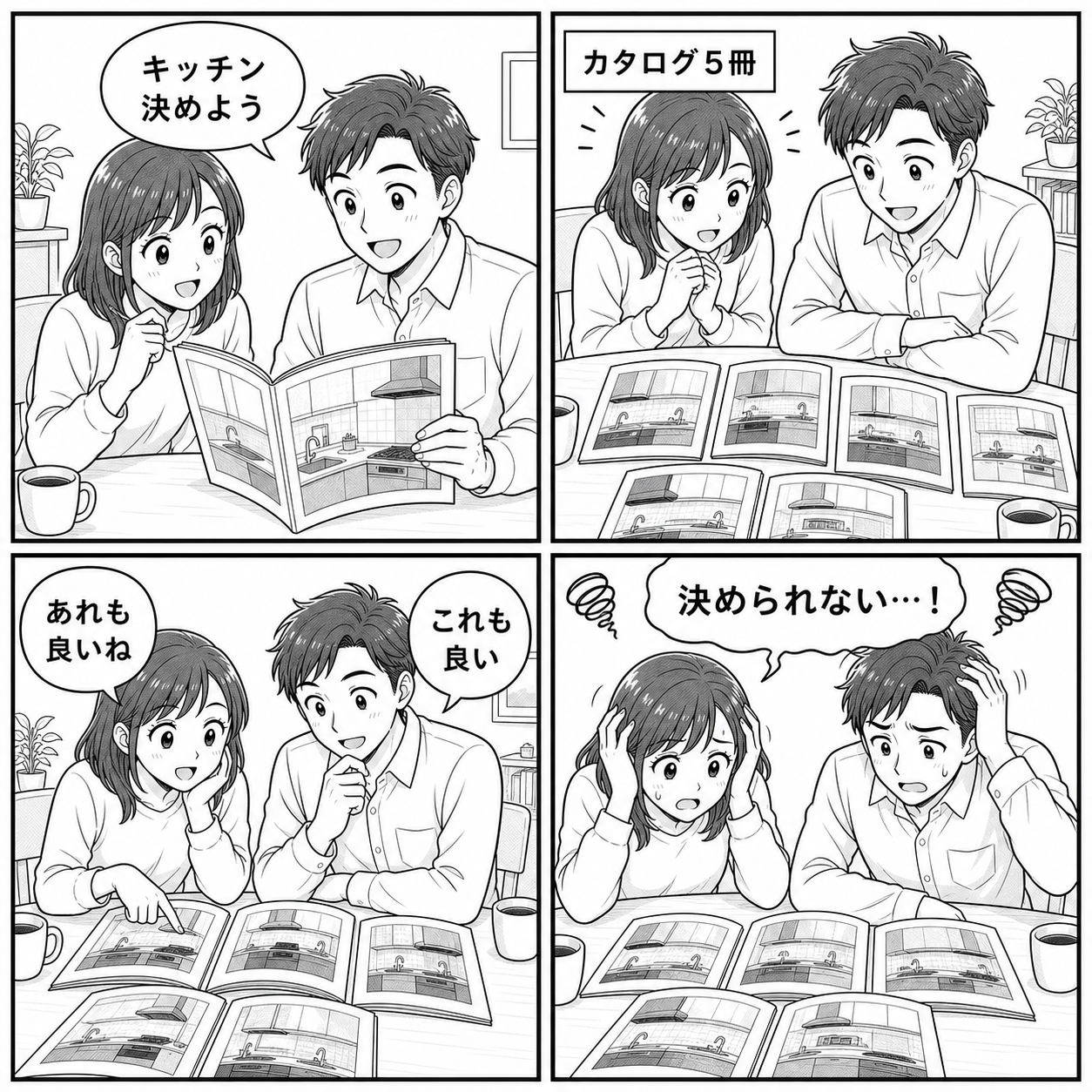 水回り5社のカタログを並べて決められない夫婦の4コマ漫画