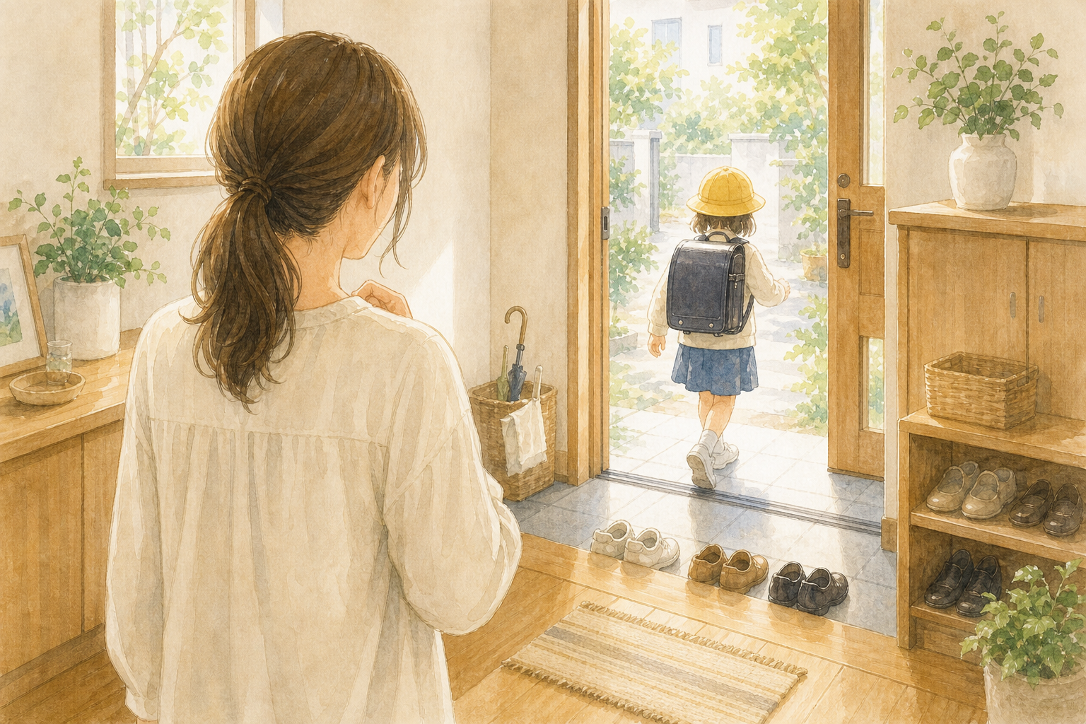 朝の玄関で子どもを見送る母親の後ろ姿の水彩イラスト