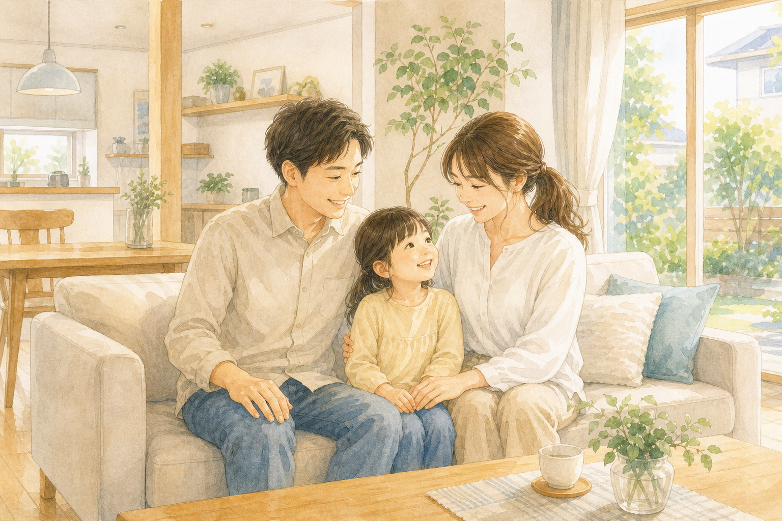 完成した家のリビングで家族の笑顔の水彩イラスト