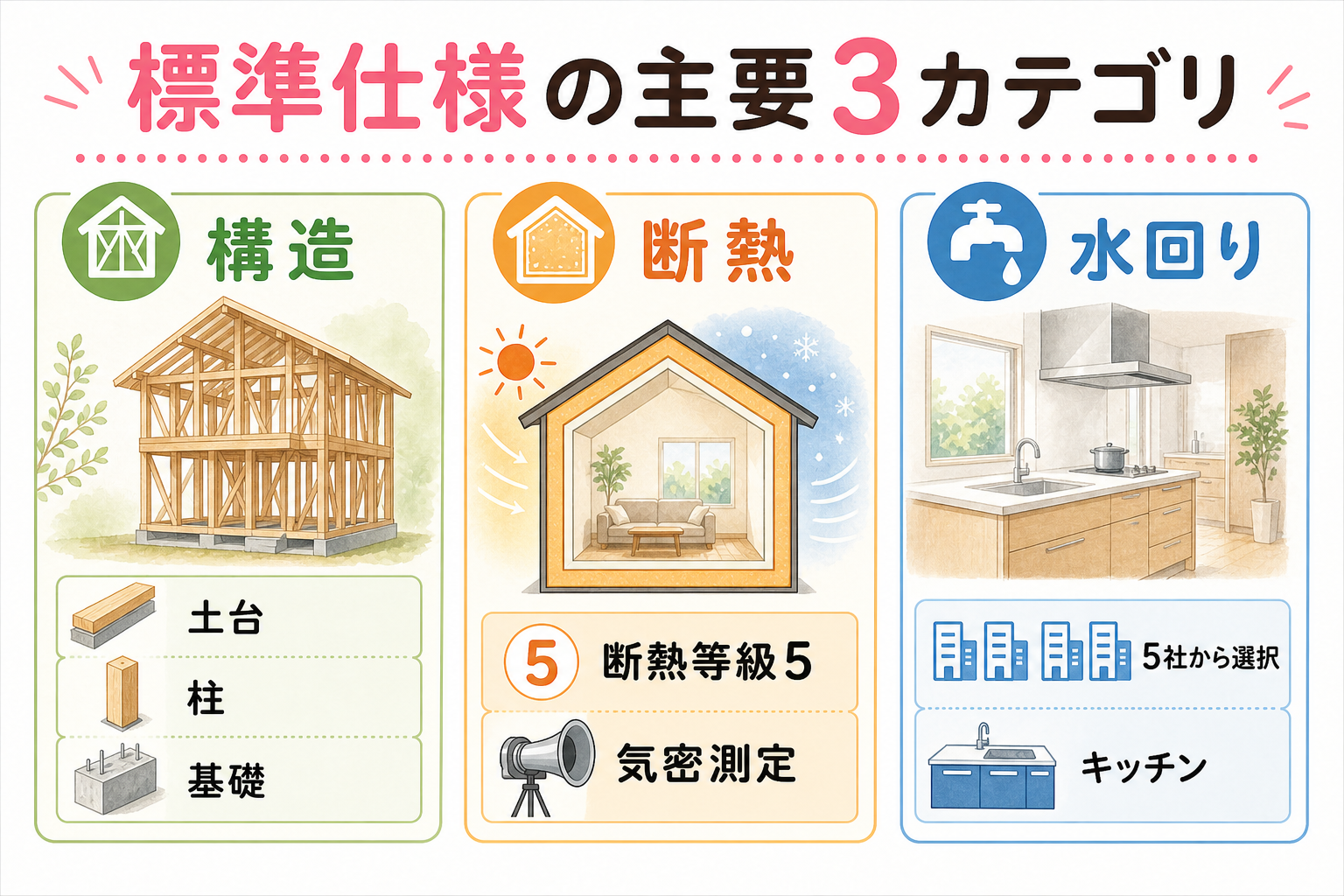 アイ工務店の標準仕様の主要3カテゴリ(構造・断熱・水回り設備)の3点カード図解